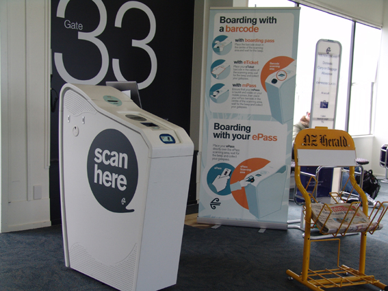 Scanning kiosks at the boarding gate